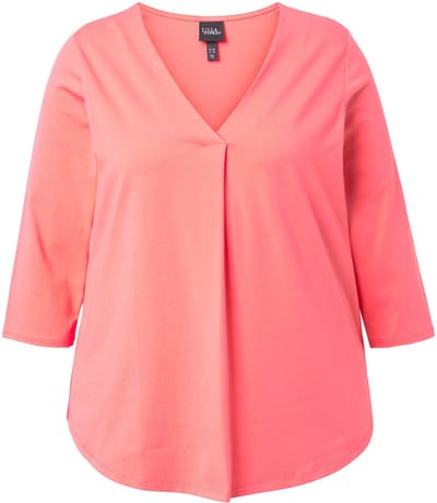 Ulla Popken - Dames - Shirt sierplooi A-lijn V-hals 3/4-mouwen - Koraal - Maat 46+
