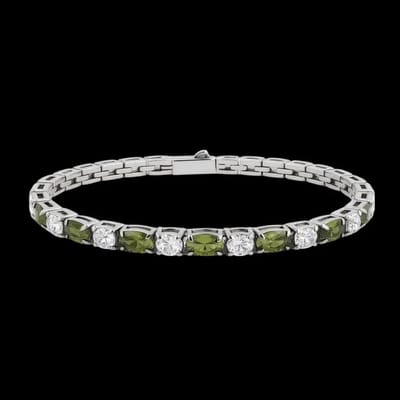 Victoria Valenza Zilverkleurige RVS Tennisarmband met Olijfgroene en Witte Zirkonia Stenen - Armband - RVS - Zilverkleurig - Tennisarmband - Zirkonia