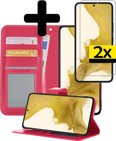 Hoesje - Met 2x Screenprotector - Geschikt voor Samsung Galaxy S22 Plus - Luxe Pasjeshouder - Bookcase Portemonee - Flip Case - Kunstleer Book Case - Flipcase Hoes - Book Cover - Walletcase - Portemonneehoes - Telefoonhoesjes - Donkerroze