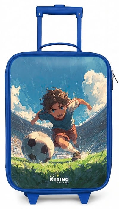 NoBoringSuitcases.com® - Kinderkoffer blauw - Kindertrolley jongen - Stadion - Voetbal - Jongen - Koffer kind lichtgewicht - Reiskoffer trolley voor kinderen - Koffertje met lichtgevende wieltjes - Rolkoffer