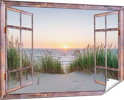 Gards Tuinposter Doorkijk Zee vanuit Duinen met Zonsondergang - 150x100 cm - Tuindoek - Tuindecoratie - Wanddecoratie buiten - Tuinschilderij