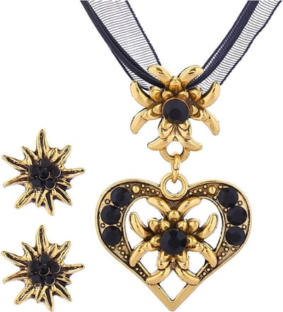 Set van 3 Beierse kostuumjuwelen, met kostuumketting, rhinestones, edelweiss hart hanger en edelweiss oorbellen voor vrouwen, perfect voor bierfeesten en dirndl outfits, accessoires voor speciale gelegenheden