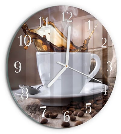 Tulup Wandklok - Koffie Klok Glas Met Opdruk - 30fi cm - Bruin Moderne Wandklok Glas - Witte Handen - Ronde Wandklok - Glazen Wandklok Design - Klok Glas Met Opdruk