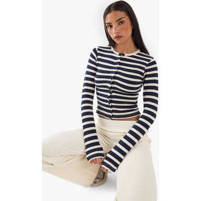 Dames DSGN Studio Gestreepte Top met Knoopdetail en Lange Mouwen | Marineblauw | Maat: 3XL
