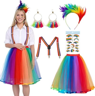 Kleurige Tutu Rok van Tulle voor Vrouwen met Veer Oorbellen en Stickers voor Carnaval en Cosplay