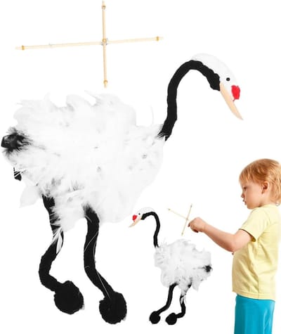 Kraan Marionet - Vogelpop met snaren - Educatief spel - Handgemaakt met controle - 33 x 24 x 3 cm