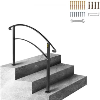 VEVOR Smeedijzeren Leuning 2-3 Treden Trap Leuning 47,5 cm Smeedijzeren Leuning Rail Afstand Tussen Palen 63,5 cm Outdoor Indoor Trapleuning voor Tuinen Woongebouwen Commerciële Kantoorgebouwen Zwart