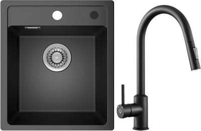 ANYCEE MAX Granieten Spoelbak voor keuken 40x46cm - Enkele Spoelbakken Met Keukenkraan - Onderbouw Spoelbak Antraciet - Met waterafvoersysteem - Voor 40 cm Kast