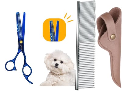 Professor Q – Professionele Effileerschaar – Blauw/Zwart – Rechtshandig met Luxe Lederen Etui – 16,5 cm – Brons + Anti-Klit Kam – Pijnloos & Huisdiervriendelijk