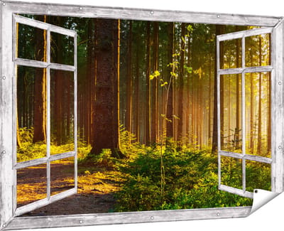Gards Tuinposter Doorkijk Bos met Zon tussen de Bomen - 180x120 cm - Tuindoek - Tuindecoratie - Wanddecoratie buiten - Tuinschilderij