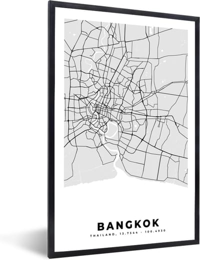 Fotolijst incl. Poster Zwart Wit- Bangkok - Stadskaart - Plattegrond - Zwart Wit - Kaart - 40x60 cm - Posterlijst