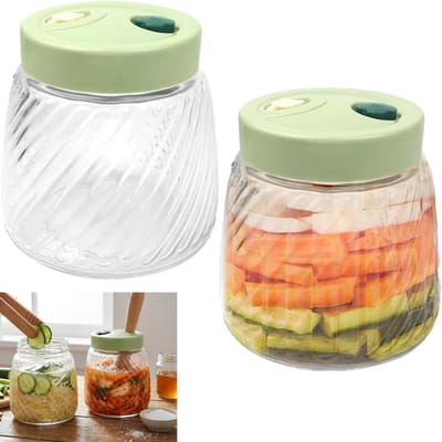 2 Stuks 1 Liter Glazen Fermentatie Jars met Dubbele Luchtklep, Ideaal voor Kimchi en Zuurkool, Compleet met Tangen en Tamper voor Perfecte Inmaakervaring