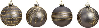 Glazen Kerstballen Met Glitters - Grijs / Goud - Diameter 8cm - 12 Stuks