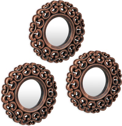 spiegel set van 3 - barok - rond - Ø 25 cm - hal - kunststof - brons-zwart