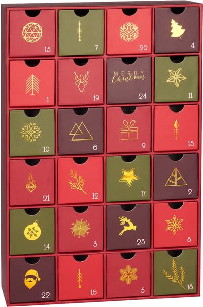 BRUBAKER Adventskalender om te vullen - Traditionele Kerst Rood Groen Goud - Kerstkalender met 24 Vakjes om zelf te vullen met kleine Cadeautjes - 32,5 cm hoog - Karton