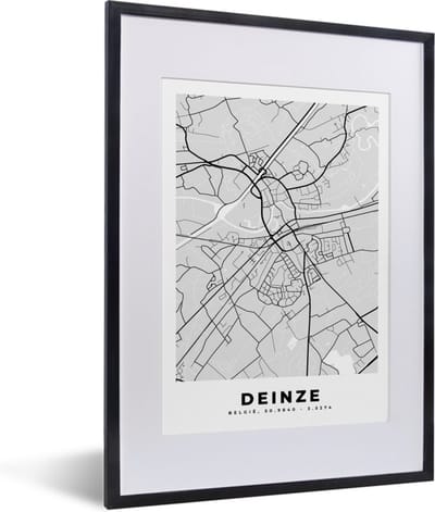 Fotolijst incl. Poster Zwart Wit- Kaart – Plattegrond – Stadskaart – Deinze – België – Zwart Wit - 30x40 cm - Posterlijst