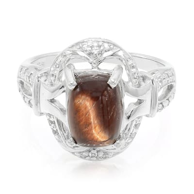 Cavill - Zilveren ring 925 Sterling met Rode Tijgeroog 2,05ct en Witte Topaas 0,137ct - Vintage Stijl, Antiek Cabochon, 27x21 mm