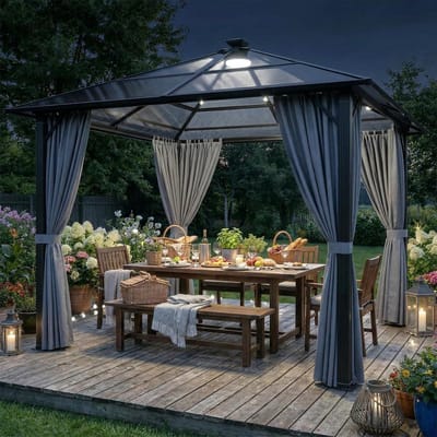 Aluminium Tuinpaviljoen 3x3 m met LED Verlichting – Waterdicht, UV-Beschermend, Winterbestendig, Stevig Frame, Vast Dak, Luxe Prieel voor Tuin & Terras – Nicolehome