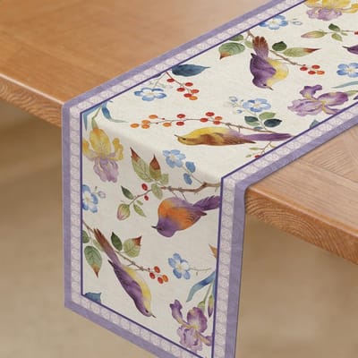 Eettafel sjaal met vogeltafelloper en iris bloemen, polyester tafellinnen voor bruiloft, Pasen en Moederdag decoraties, 72"x13