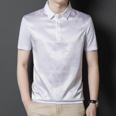 Heren Zijden T-shirt Zomer Korte Mouw Moerbeizijde Poloshirt Modieus Donker Patroon Dunne Top met Halve Mouw Sweatshirt L white