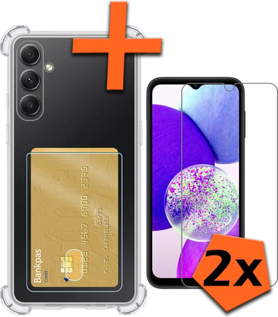 Hoes - Geschikt voor Samsung Galaxy A14 - Met 2x Screenprotector - Pashouder - Kaarthouder - Telefoon Hoesje Shockproof - Siliconen Case - Back Cover - Shock Proof - Pasjes Houder - Transparant