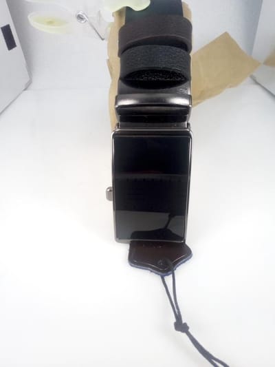 RR20-55zw.110 Dubbelzijdige Lederen Riem, bruin & zwart, zwart draaibare buckle 55, L110cm BR34mm