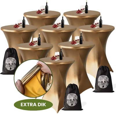 Statafelrok Goud x 8 – ∅80-85 x 110 cm met Opbergtas – Statafelhoes Stretch Stof – Kras- en Vouwvrije Statafel Rok Extra Dik – Gouden Sta Tafelrok 8 Stuks – Statafelhoezen Voor Horeca, Evenementen, Feest, Bruiloft en Partijen