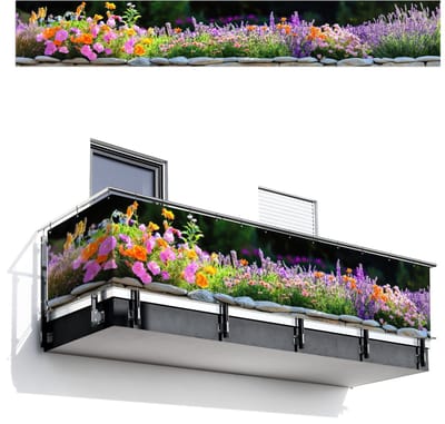 Balkonscherm 500x75 cm - Balkonposter Bloemen - Steenrand - Kleurrijk - Balkon scherm decoratie - Balkonschermen - Balkondoek zonnescherm