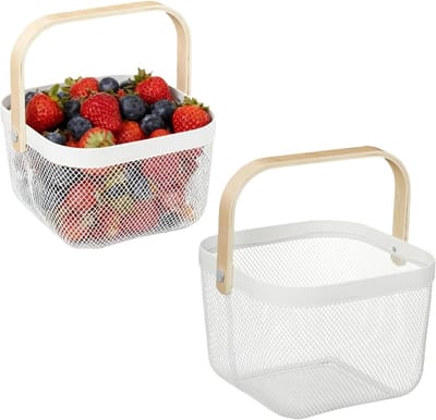 Draadmand met handvat, tuinoogstmand, rechthoekige opbergmand, draagmand in loft-stijl, voor badkamer, keuken, picknick, 18 x 24,5 x 24,5 cm, 2 stuks (wit)