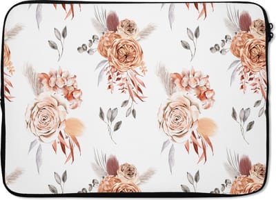 Laptophoes 13 inch - Bloemen - Bladeren - Bohemian - Wit - Laptop sleeve - Binnenmaat 32x22,5 cm - Zwarte achterkant