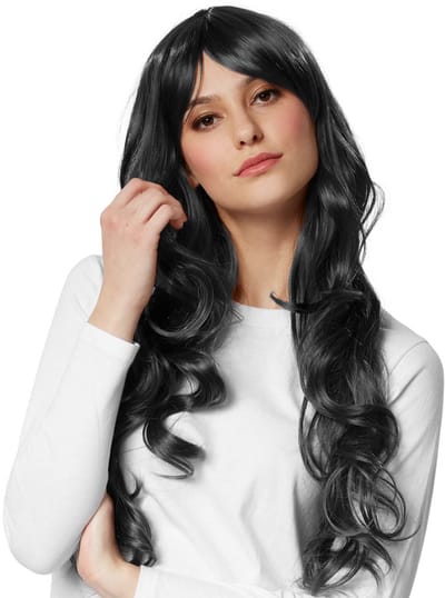dressforfun - Pruik lang haar lokken zwart - verkleedkleding kostuum halloween verkleden feestkleding carnavalskleding carnaval feestkledij partykleding - 303626