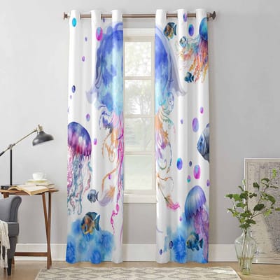 Zomer Zeeleven Kwallen Aquarel Raamgordijnen voor Woonkamer Luxe Slaapkamer Gordijn Keuken Jaloezieën Drapes Gordijnen 135W x 60H(cm) x1 white