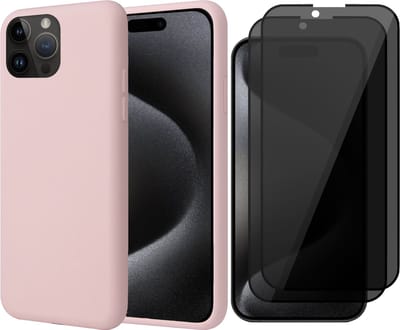 Hoesje geschikt voor iPhone 15 Pro - 2x Privacy Screen Protector FullGuard - Back Cover Case SoftTouch Roze & Screenprotector
