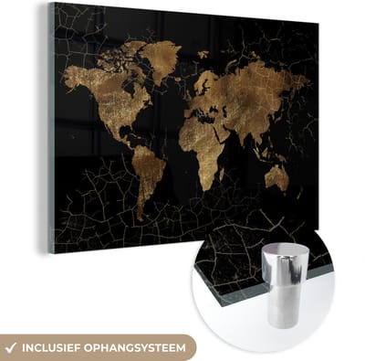 ® Glasschilderij 150x100 cm - Schilderij acrylglas - Wereldkaart - Marmer - Goud - Foto op glas - Muurdecoratie woonkamer - Wanddecoratie slaapkamer - Schilderijen