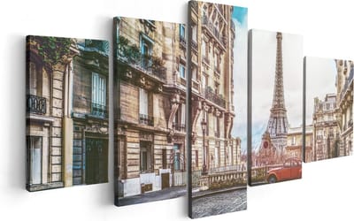 Artaza Canvas Schilderij Vijfluik Eiffeltoren In Parijs Met Een Rode Kever Auto - 100x50 - Foto Op Canvas - Canvas Print