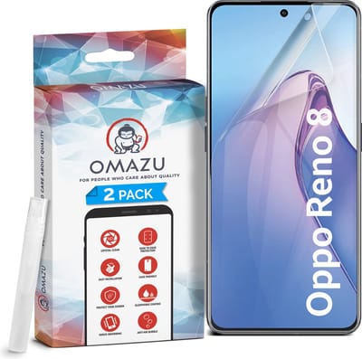 Oppo Reno 8 OMAZU 3D Flex TPU Screenprotector, 2 Pack (100% vingerafdruk scanner compatible) met kras herstellende coating, Edge to Edge bescherming