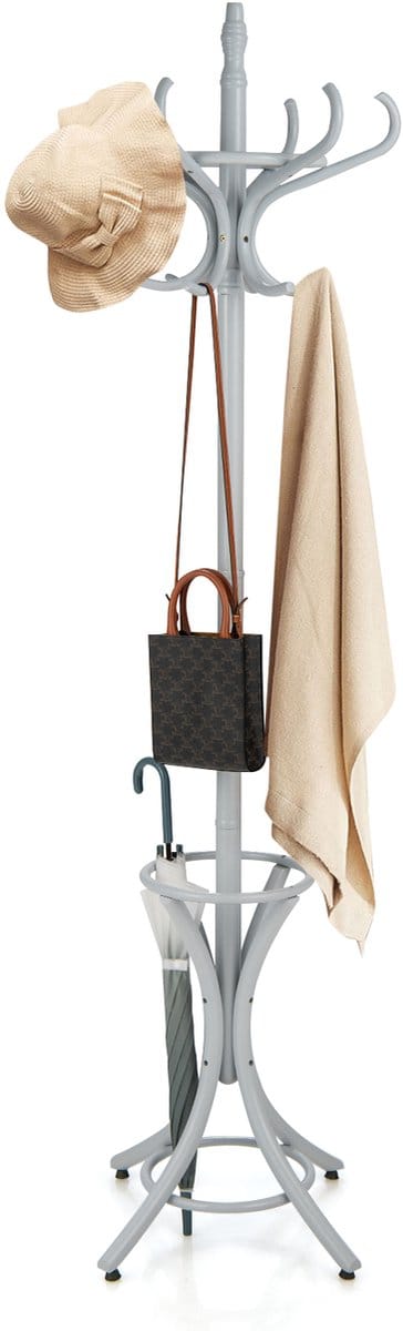 COSTWAY Kapstok, 184 cm met parapluhouder, jasstandaard met 12 kledinghaken, kledingrek van hout, garderobe, staande garderobe voor hal, woonkamer en slaapkamer (grijs)