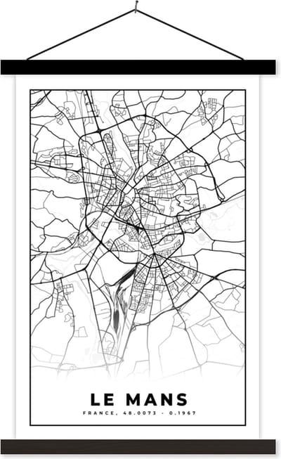 Posterhanger incl. Poster 40x60 cm - Schoolplaat - Plattegrond - Kaart - Le Mans - Frankrijk - Stadskaart - Zwart wit - Textielposter - Zwarte latten - Stadskaart