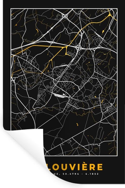 Muurstickers - Sticker Folie - La Louvière - Kaart - Plattegrond - Goud - Stadskaart - 20x30 cm - Plakfolie - Muurstickers Kinderkamer - Zelfklevend Behang - Zelfklevend behangpapier - Stickerfolie