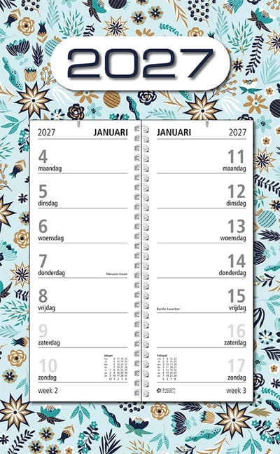 MGPcards - Omlegweekkalender 2027 - Week begint op maandag - 21 x 34 cm - Blauw - Bloemen