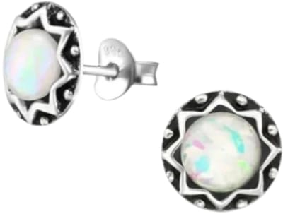 Aramat Jewels | Oorbellen | Oorstekers – Sterling Zilver Bali Etnisch Wit Opaal 9mm Rond Geoxideerd | | | |9mm | Zilver | Kinderen, Volwassenen | Verkleurd niet