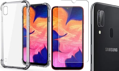 Hoesje geschikt voor Samsung Galaxy A10 - Screenprotector Glas & Camera Screen Protector - Transparant Shock Case