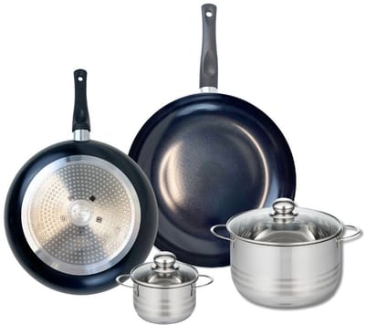 Set van 2 Koekenpannen 28 en 32 cm en 2 kookpotten 12 en 20 cm Elo Prima Glanzend
