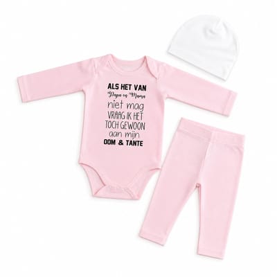 Baby geboorte cadeau Meisje Setje newborn | maat 62-68 | roze mutsje beertje roze broekje streep en roze romper lange mouw met tekst zwart Als het van papa en mama niet mag vraag ik het toch gewoon aan mijn oom en tante | Huispakje | Kraamkado