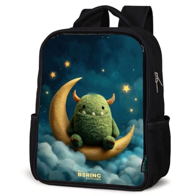 NoBoringSuitcases.com® - Rugzak zwart - Schooltas jongen & meisje - Groen monster op maansikkel - Rugtas voor school - Boekentas kind - Schoolrugzak - Kinderrugzak
