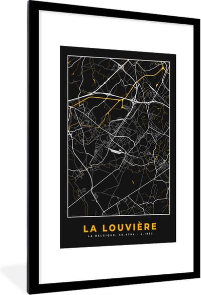 Fotolijst incl. Poster - La Louvière - Kaart - Plattegrond - Goud - Stadskaart - 80x120 cm - Posterlijst
