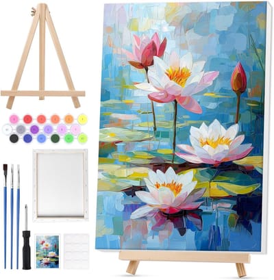 Lotus Schilderen op Nummer voor Volwassenen en Kinderen met Houten Easel, Penselen en Acrylverf - Creatieve DIY Set voor Kunstliefhebbers