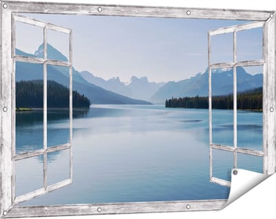 Gards Tuinposter Doorkijk Meer bij de Bergen in Alberta, Canada - 120x80 cm - Tuindoek - Tuindecoratie - Wanddecoratie buiten - Tuinschilderij