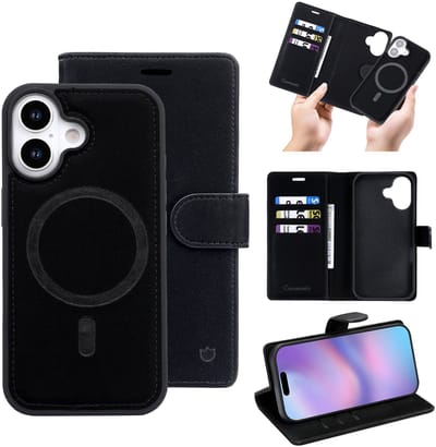 Casemania Hoesje Geschikt voor Apple iPhone 17 - Onyx Black - 2 in 1 Bookcase met Velvet Finish - Geschikt voor MagSafe - Magnetisch Portemonnee Telefoonhoesje met Pasjeshouder en Afneembare Cover - Kunstleer Wallet Case - Zwart