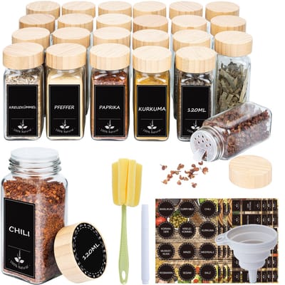 ACXIN Kruidenpotjes Set Kruidenpotjes Glas Vierkant 120ML Luchtdicht Met Etiketten Strooideksel Trechter Reinigingsborstel Keuken Organisatie - 24 Stuks - Houten Deksel